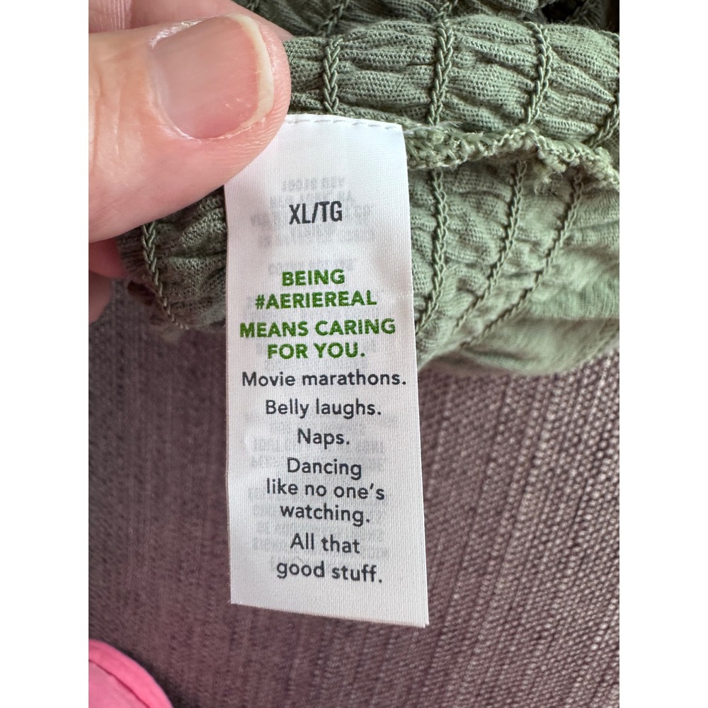 Aerie Womens XL Olive Green Smocked Ruffle Hem Short Sleeve Cotton Crop Top - Picture 7 of 9